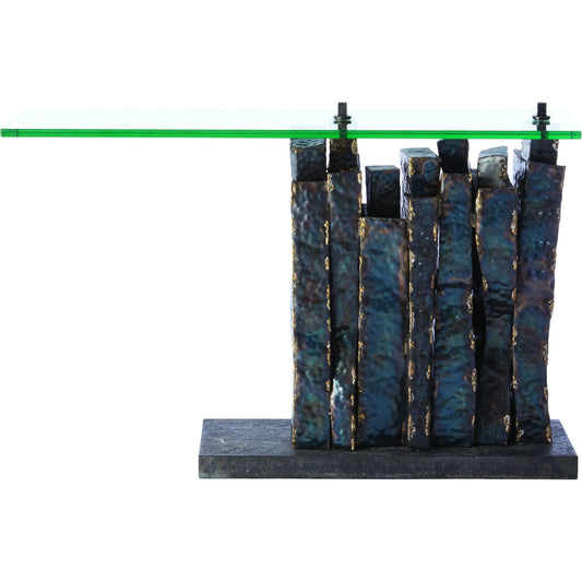Queue Console by Global Views in brass braising, torched. Made from iron, granite, glass in a eclectic & global style.