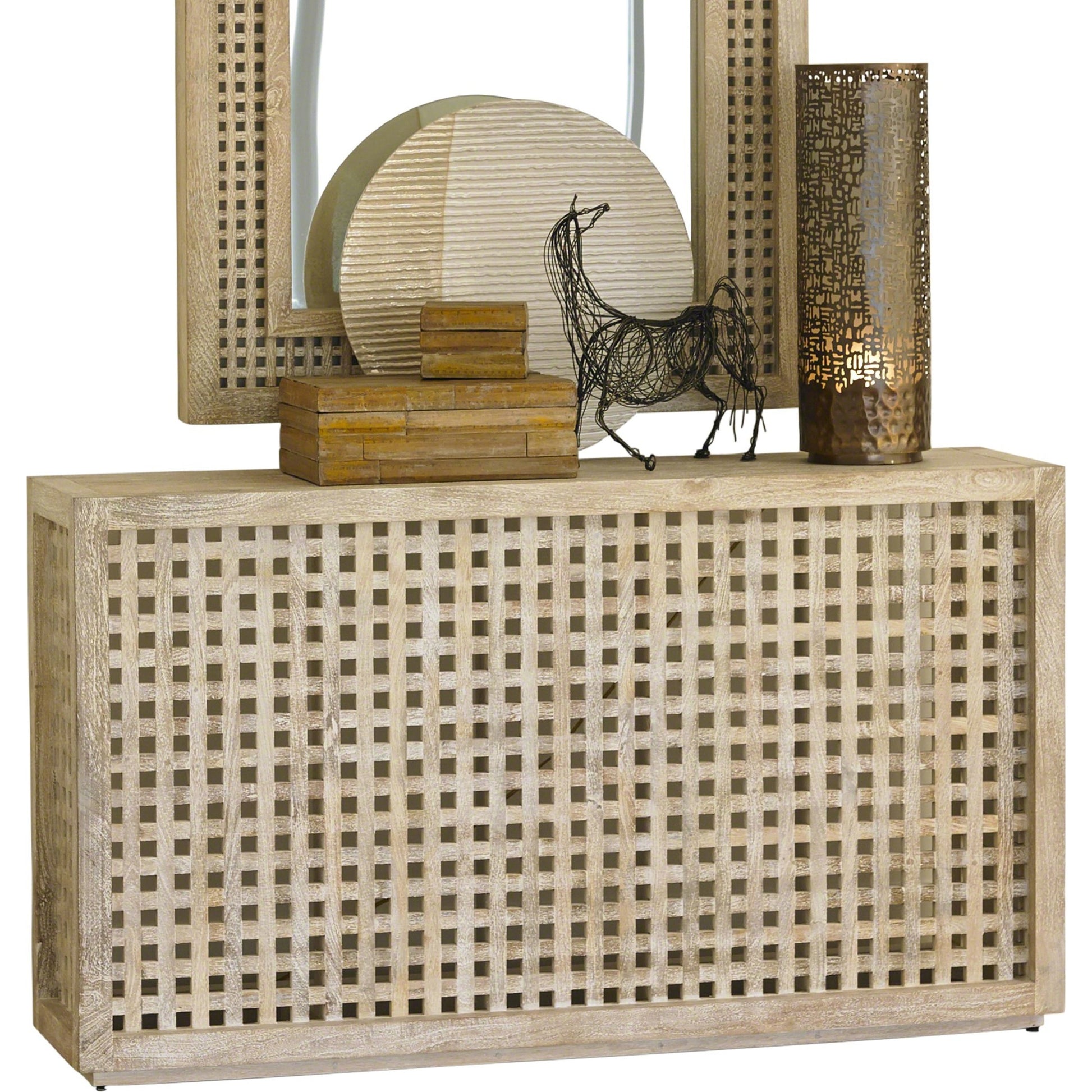 Driftwood Lattice Console by Global Views in white washed. Made from mango in a coastal style.