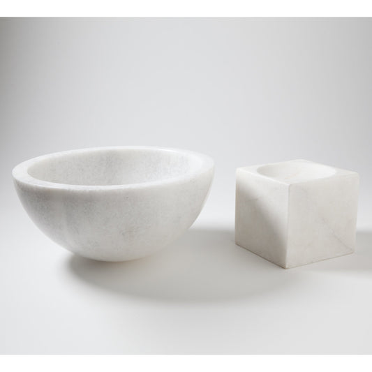 Elements Bowl on Tilt Block by Global Views. Made from ambaji white marble in a modern style.