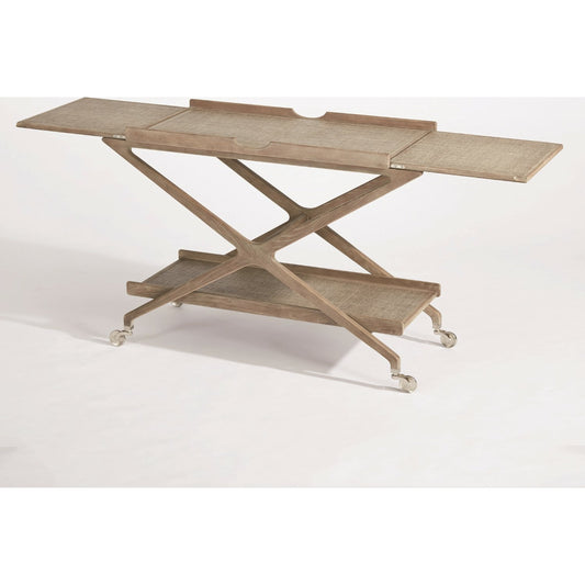 Campaign Bar by Global Views in gray cerused ash, nickel, ash, acacia. Made from ash, mdf, grasscloth, brass in a transitional style.