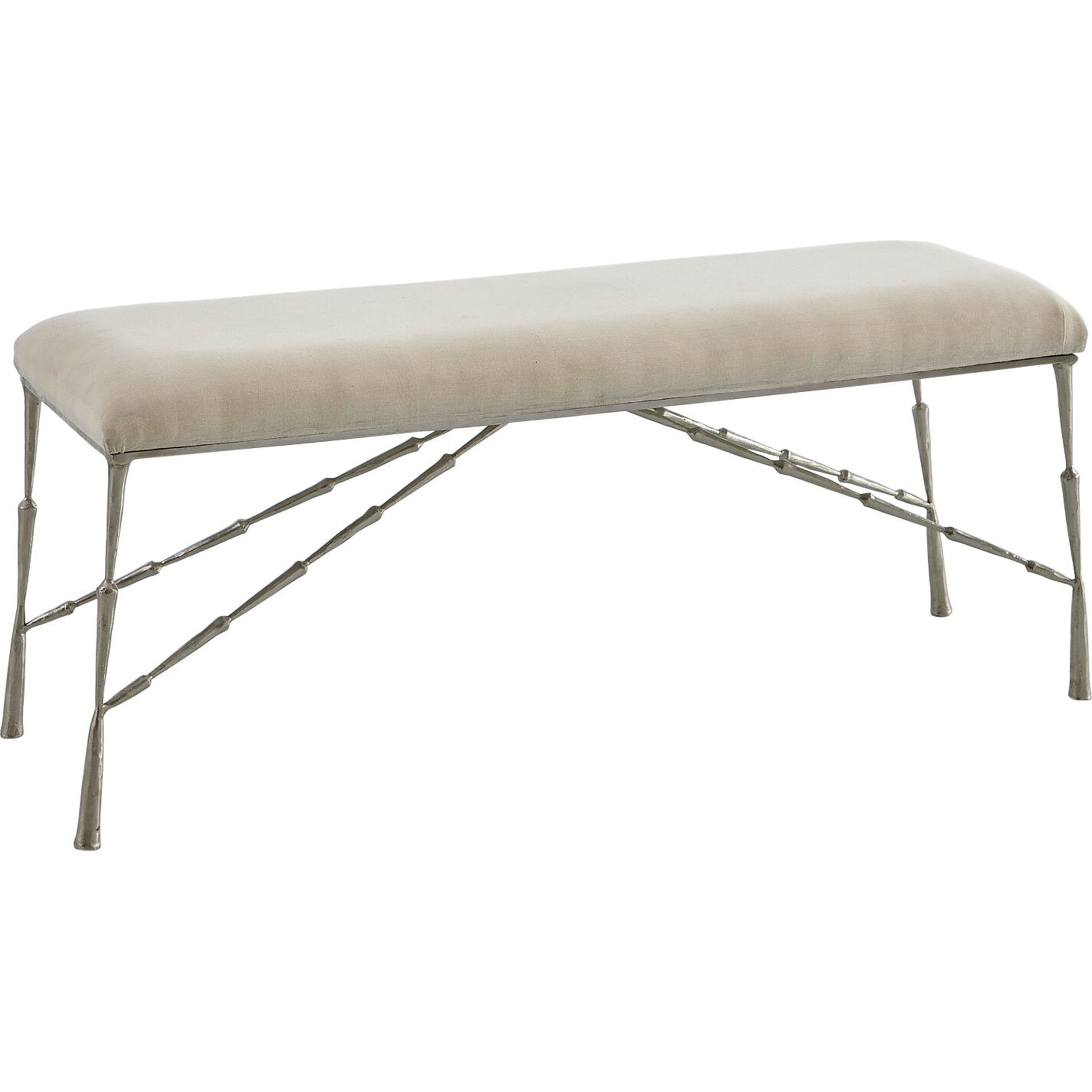 Spike Bench with Muslin Cushion by Global Views in antique brass. Made from iron in a transitional style.