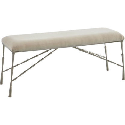 Spike Bench with Muslin Cushion by Global Views in antique brass. Made from iron in a transitional style.