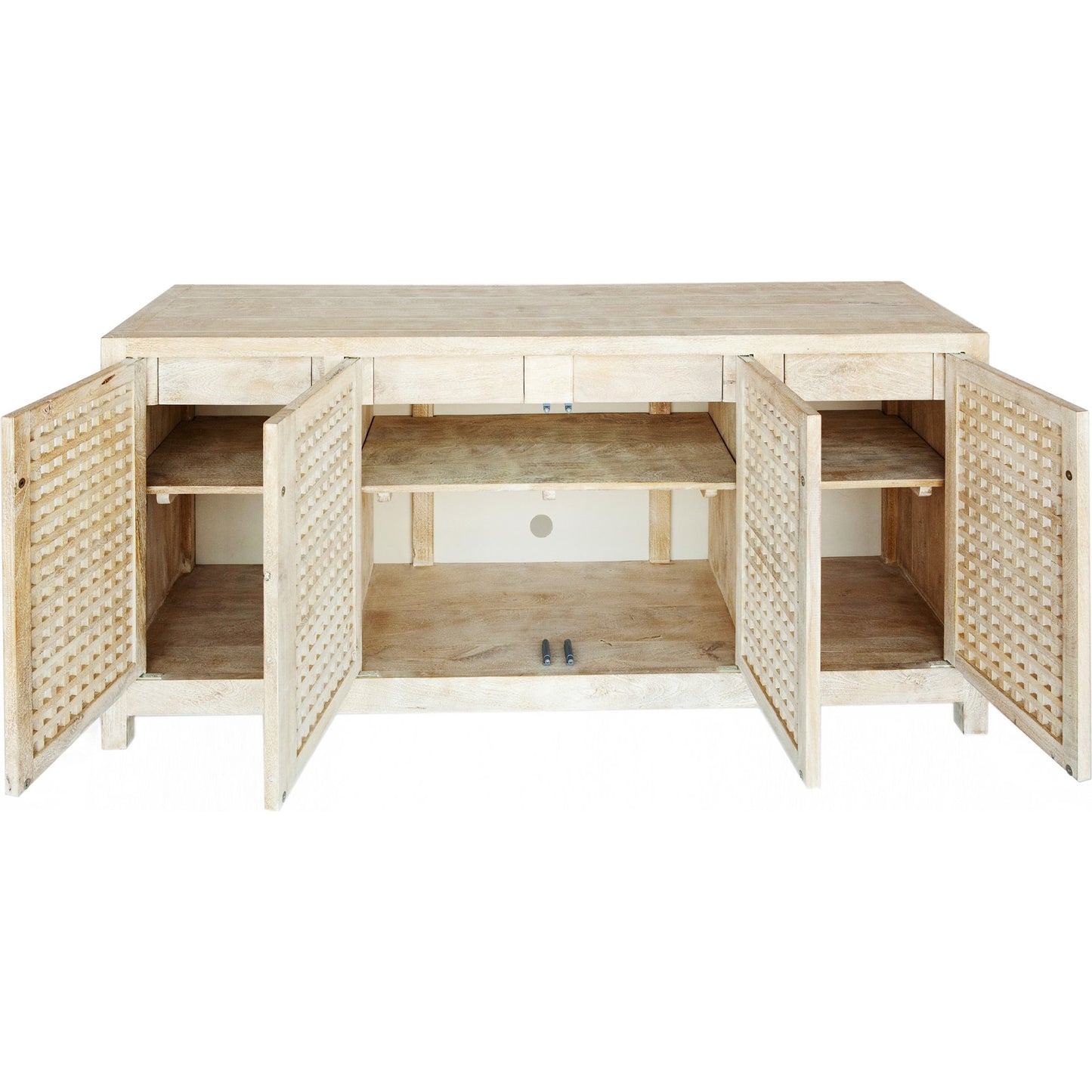 002 SR-701108 | Additional Silo | Driftwood Lattice Credenza by Global Views in white washed. Made from mango, mdf in a coastal style.