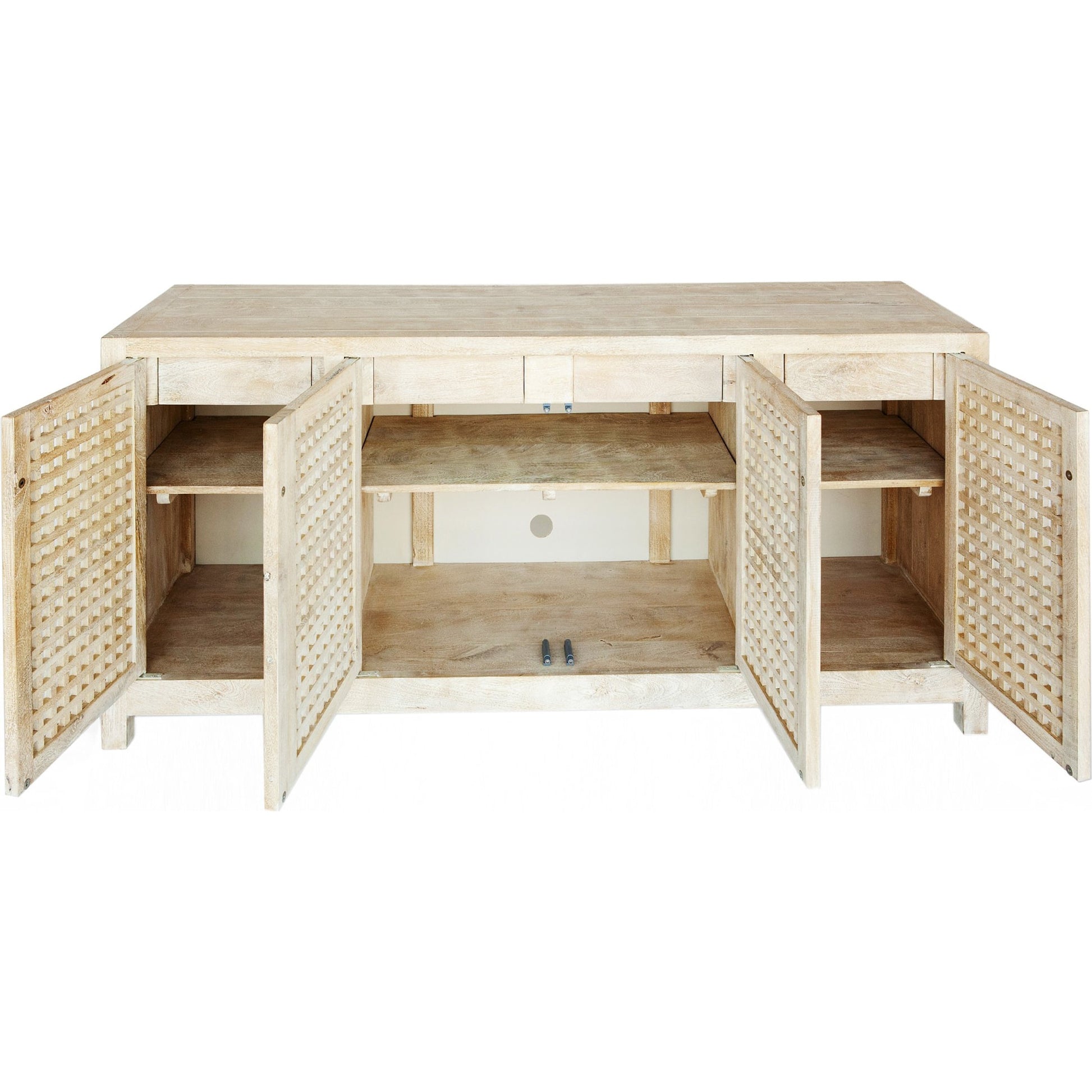 Driftwood Lattice Credenza by Global Views in white washed. Made from mango, mdf in a coastal style.