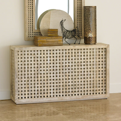 Driftwood Lattice Console by Global Views in white washed. Made from mango in a coastal style.