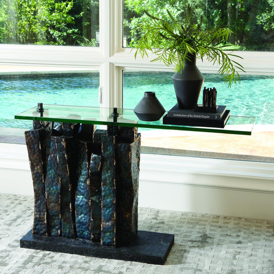 Queue Console by Global Views in brass braising, torched. Made from iron, granite, glass in a eclectic & global style.