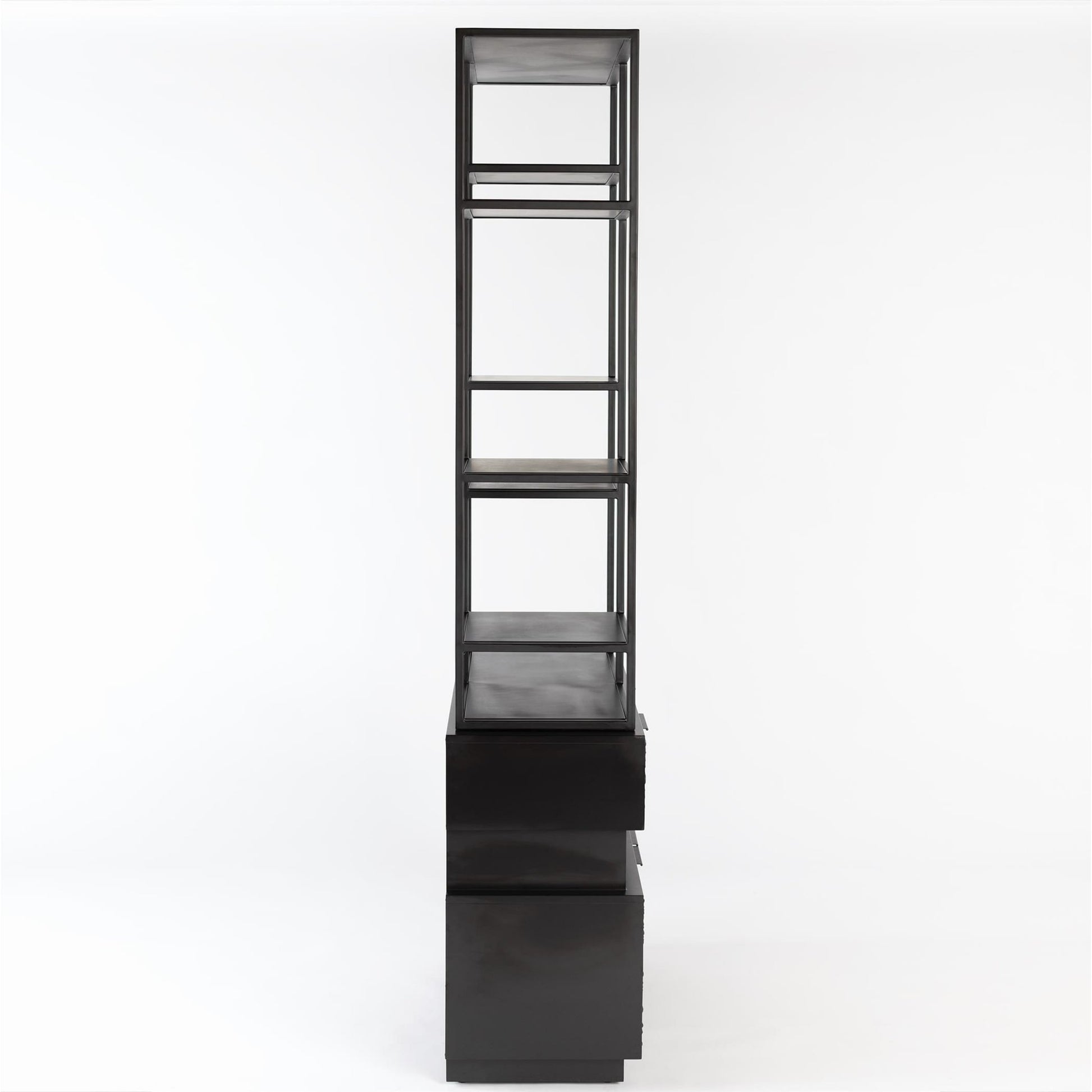 Kyoto Etagere by Global Views in jagged black over worn black. Made from gmelina, mdf, plywood, iron in a modern style.