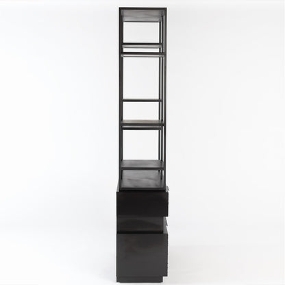 Kyoto Etagere by Global Views in jagged black over worn black. Made from gmelina, mdf, plywood, iron in a modern style.