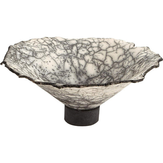 Crackled Footed Bowl by Global Views in black raku. Made from ceramic in a modern style.