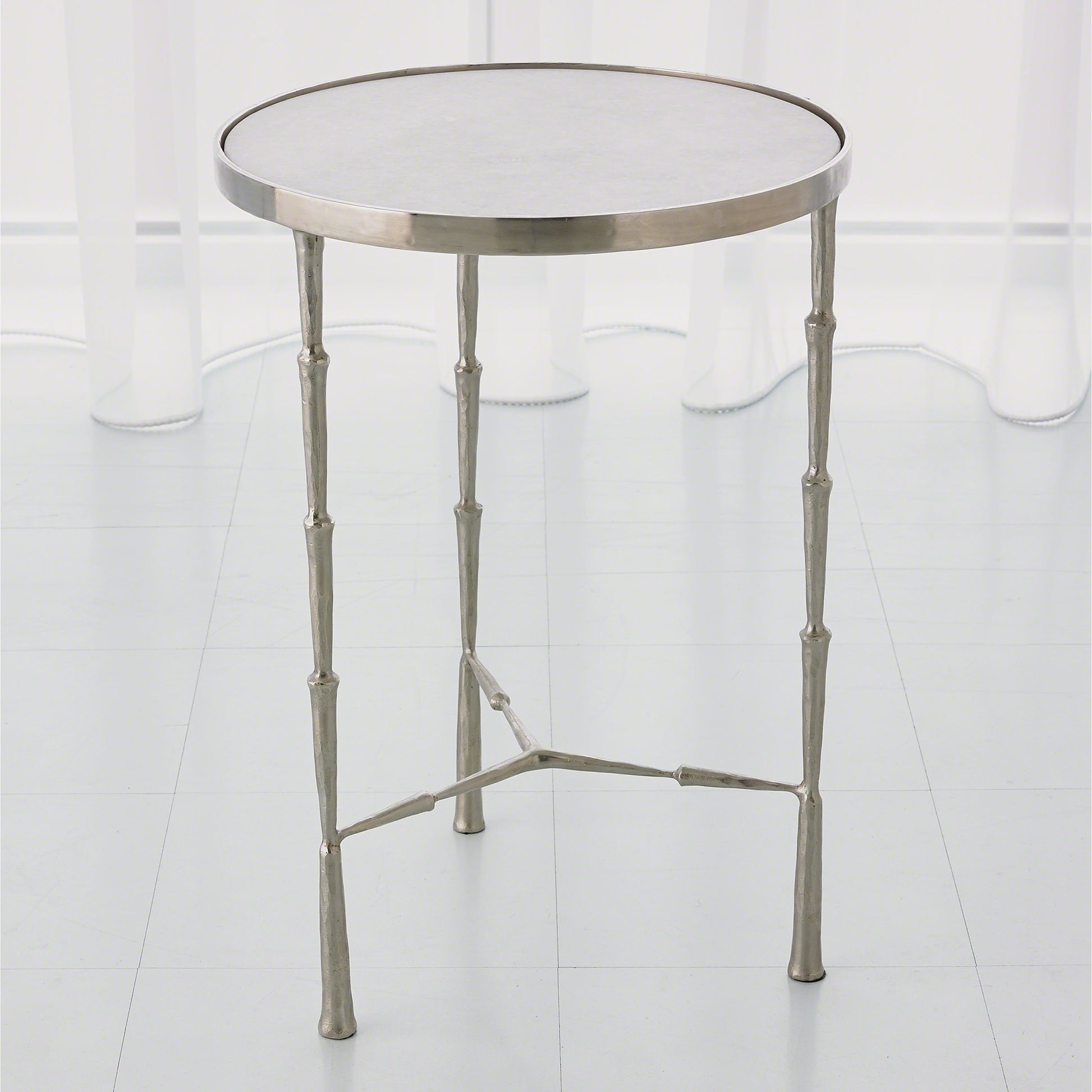 Spike Accent Table by Global Views in antique brass with white marble. Made from iron, 15 mm thick white marble in a eclectic & global style.