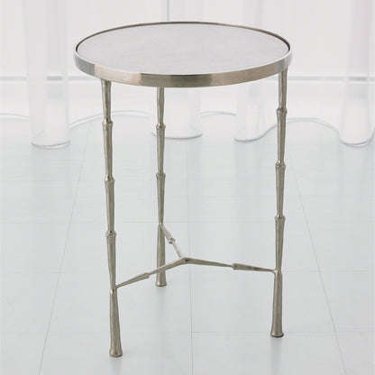 Spike Accent Table by Global Views in antique brass with white marble. Made from iron, 15 mm thick white marble in a eclectic & global style.