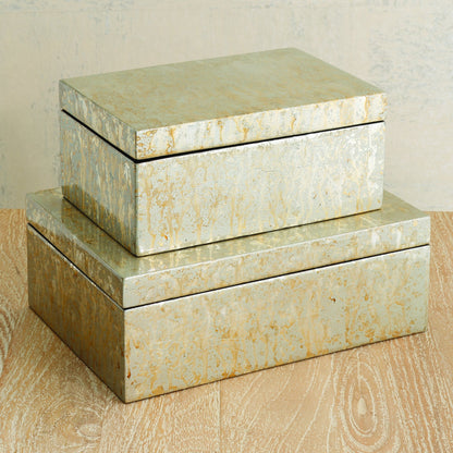 Leaf Box by Global Views in champagne, vietnamese lacquer. Made from mdf in a transitional style.
