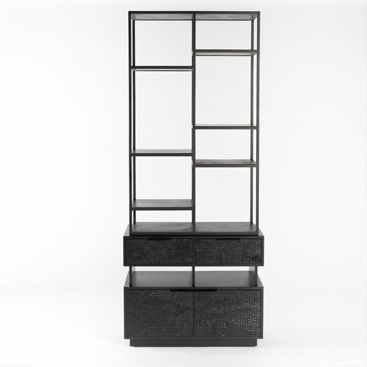 Kyoto Etagere by Global Views in jagged black over worn black. Made from gmelina, mdf, plywood, iron in a modern style.
