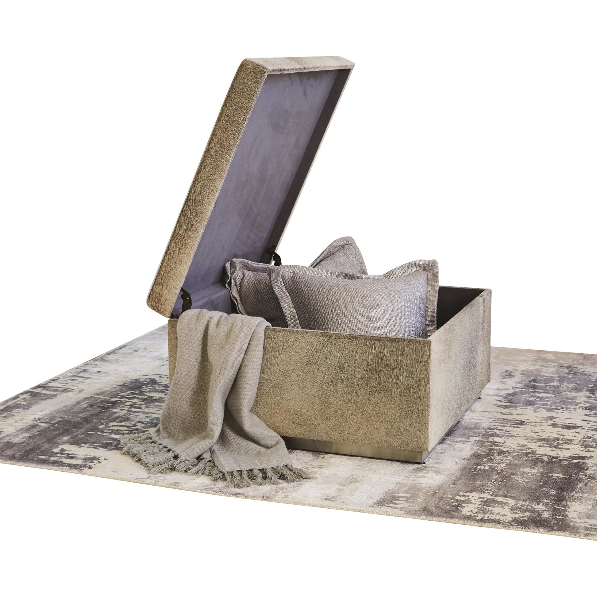 Metro Storage Ottoman by Global Views in brushed nickel. Made from mdf, stainless steel, hair on leather, polyester suede in a transitional style.