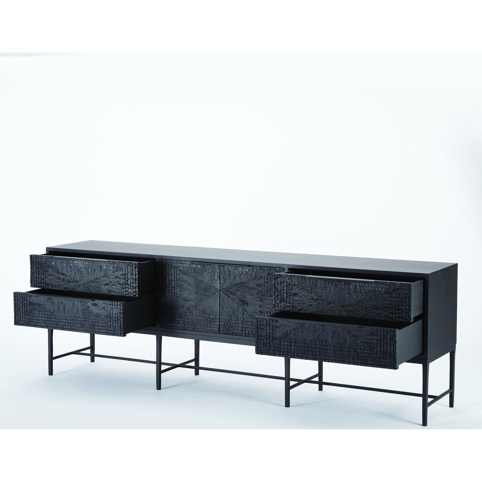 Kyoto Media Cabinet by Global Views in jagged gmelina black, wbi. Made from gmelina, mdf, metal in a modern style.