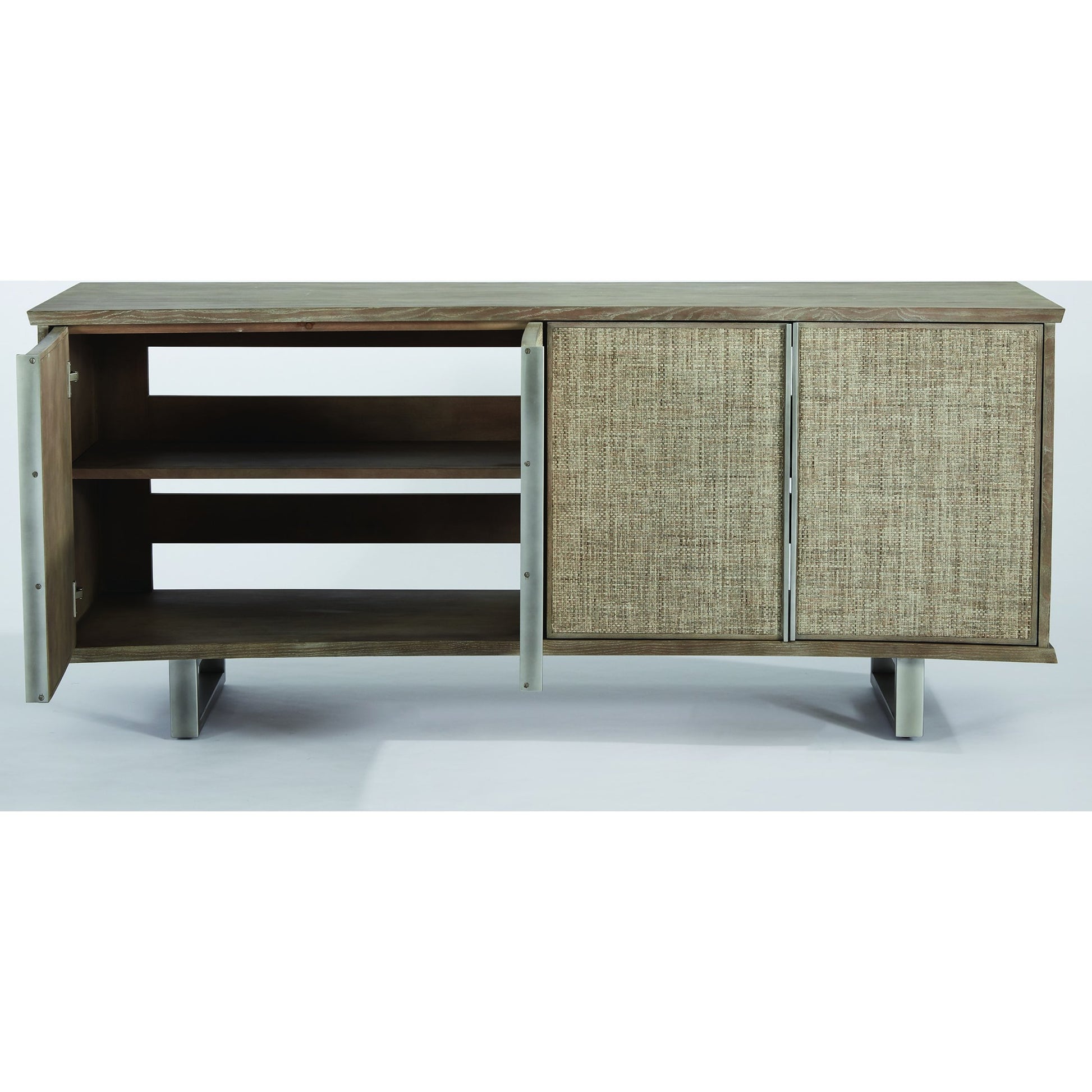Delphi Media Cabinet by Global Views in gray cerused ash, pewter, acacia, ash. Made from ash, mdf, stainless steel, grasscloth in a modern style.