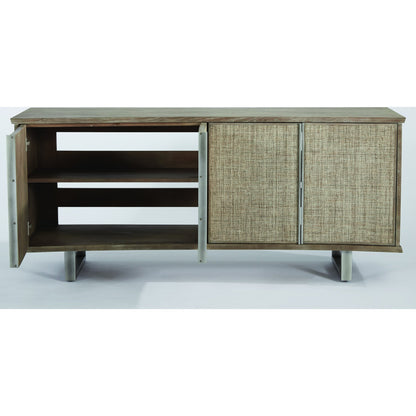 Delphi Media Cabinet by Global Views in gray cerused ash, pewter, acacia, ash. Made from ash, mdf, stainless steel, grasscloth in a modern style.