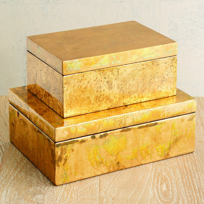 Luxe Leaf Box by Global Views in vietnamese lacquer, gold leaf. Made from mdf in a transitional style.