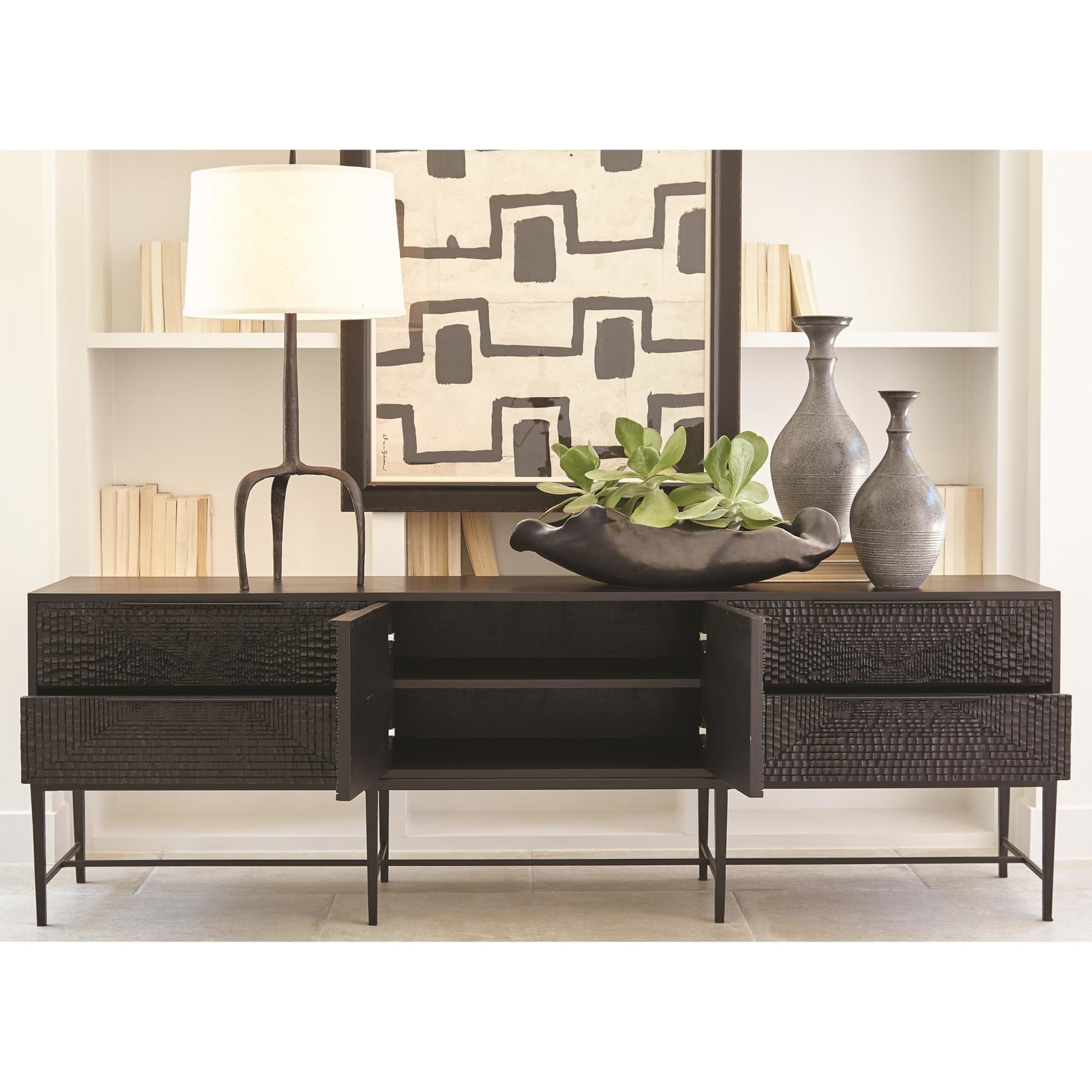 Kyoto Media Cabinet by Global Views in jagged gmelina black, wbi. Made from gmelina, mdf, metal in a modern style.