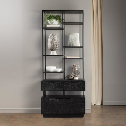 Kyoto Etagere by Global Views in jagged black over worn black. Made from gmelina, mdf, plywood, iron in a modern style.