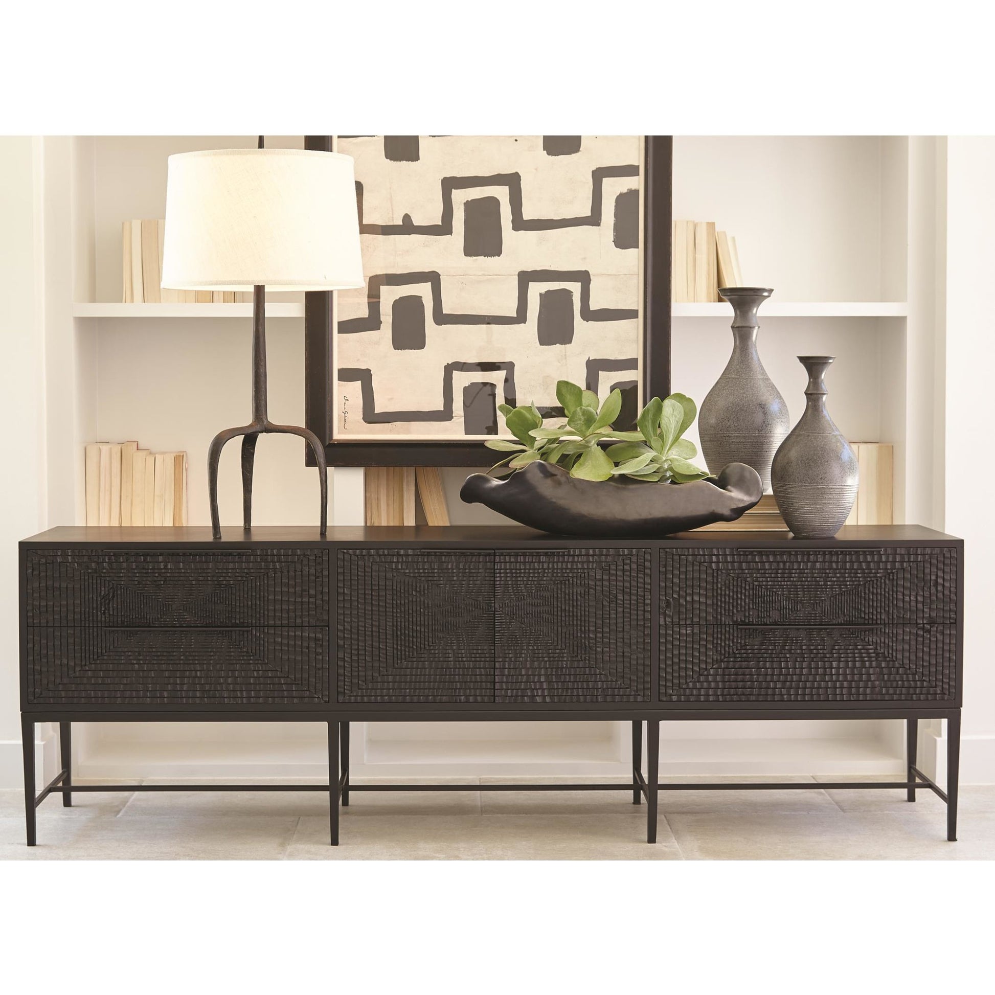 Kyoto Media Cabinet by Global Views in jagged gmelina black, wbi. Made from gmelina, mdf, metal in a modern style.