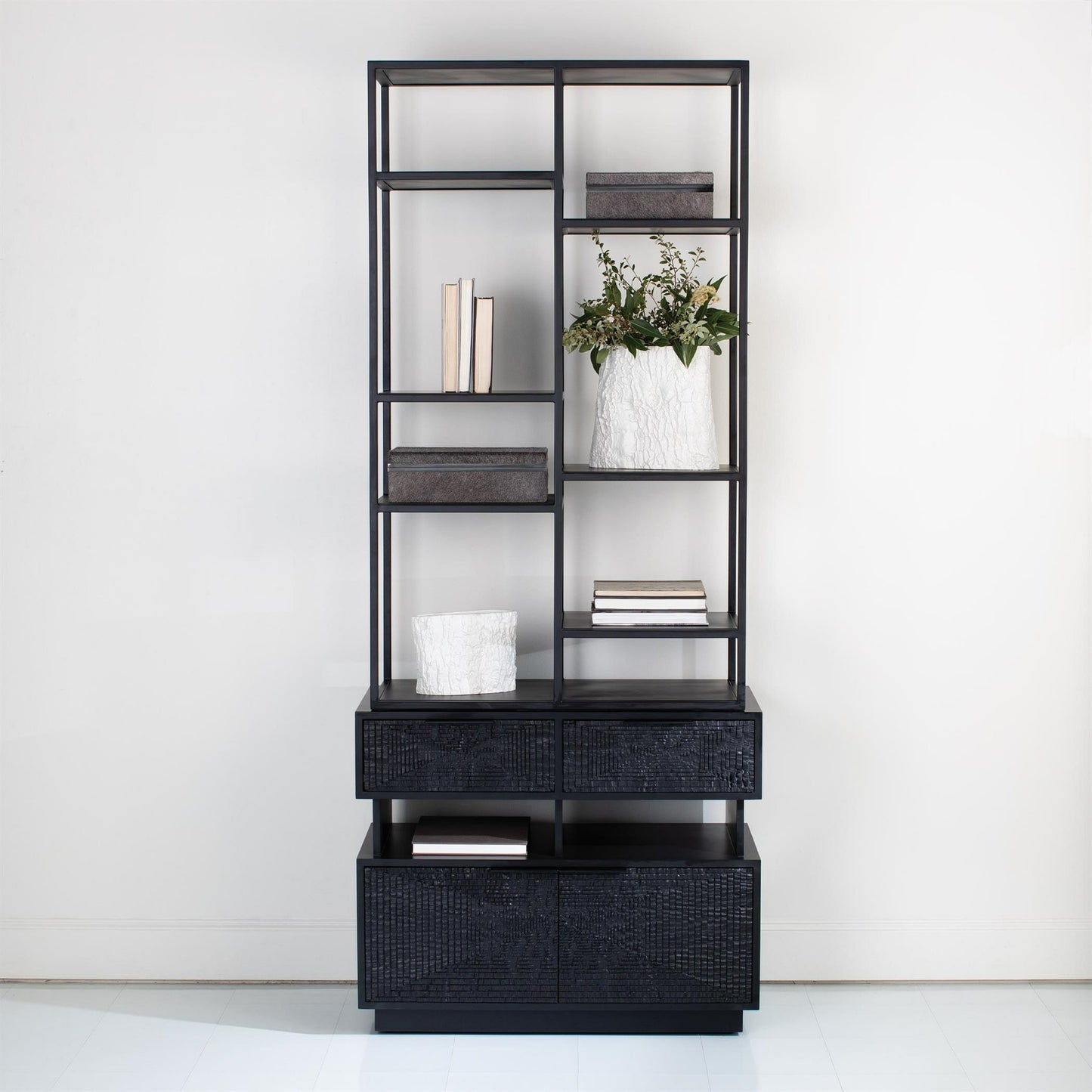 002 SR-890660 | Additional Silo | Kyoto Etagere by Global Views in jagged black over worn black. Made from gmelina, mdf, plywood, iron in a modern style.
