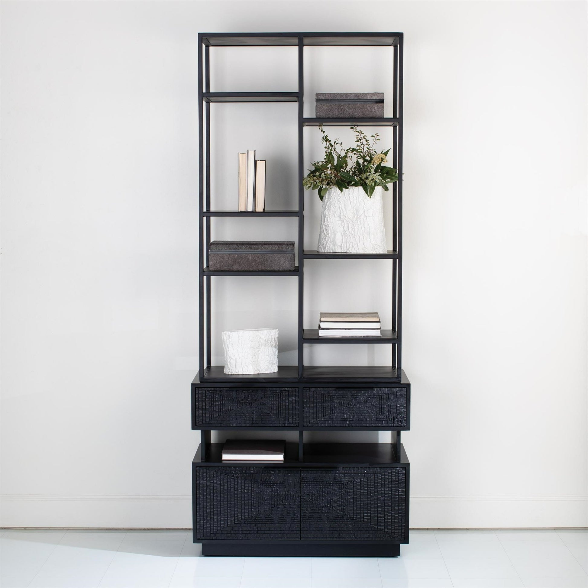 Kyoto Etagere by Global Views in jagged black over worn black. Made from gmelina, mdf, plywood, iron in a modern style.