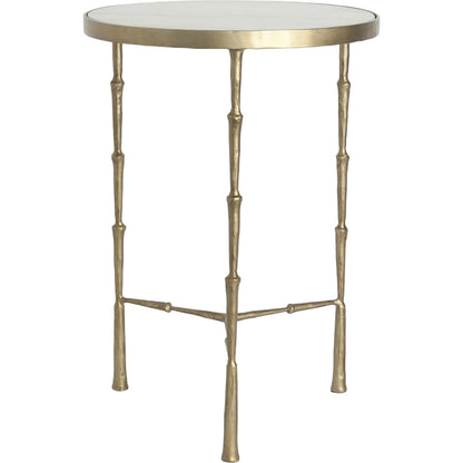 Spike Accent Table by Global Views in antique brass with white marble. Made from iron, 15 mm thick white marble in a eclectic & global style.