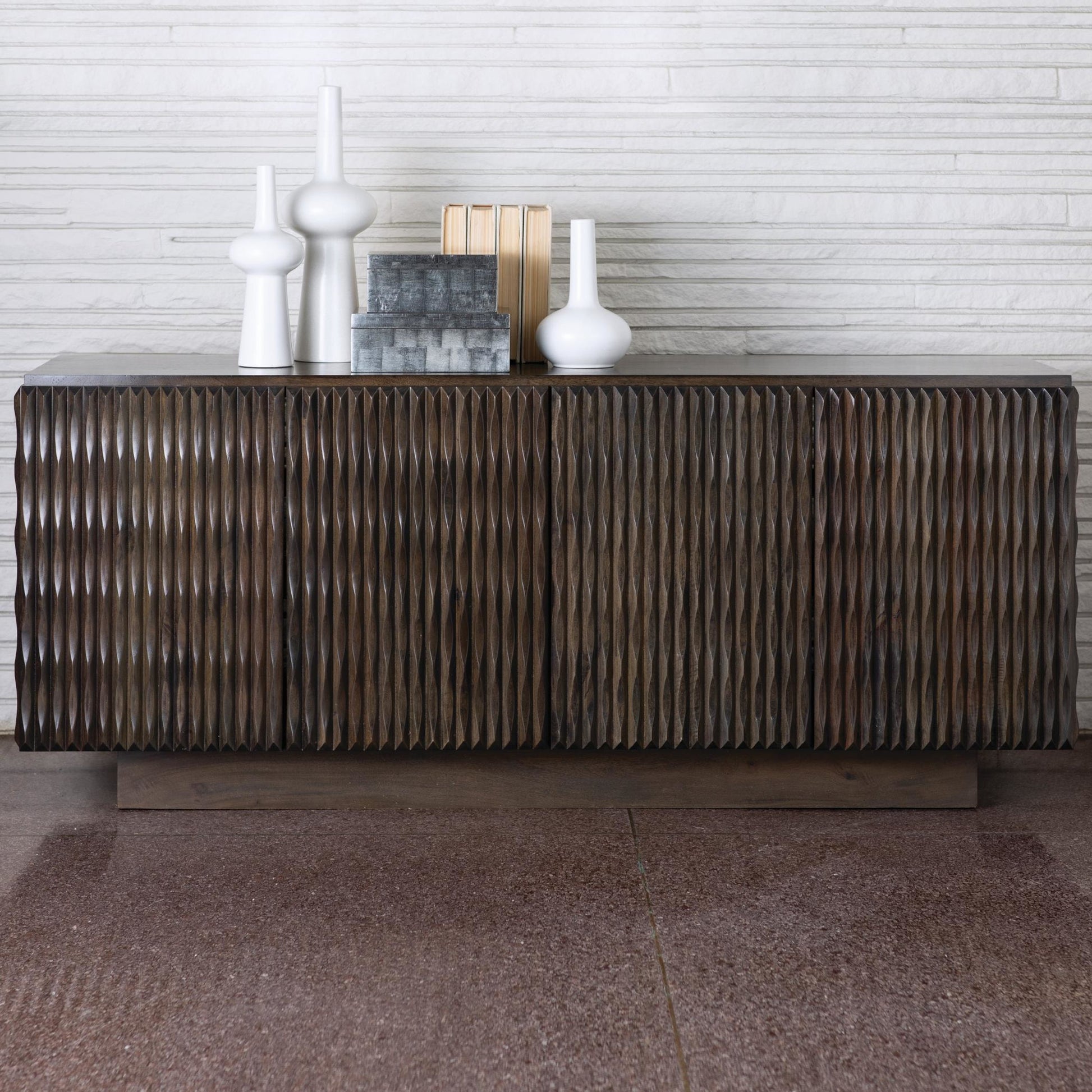 Minuet Buffet by Global Views in walnut, gray, antique nickel. Made from mango in a modern style.