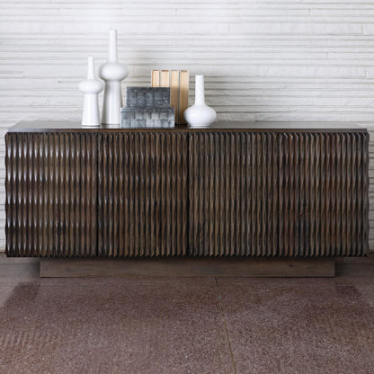 Minuet Buffet by Global Views in walnut, gray, antique nickel. Made from mango in a modern style.