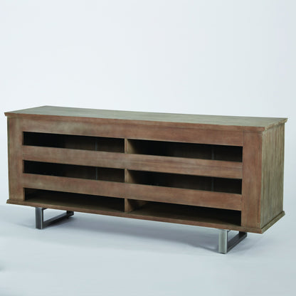 Delphi Media Cabinet by Global Views in gray cerused ash, pewter, acacia, ash. Made from ash, mdf, stainless steel, grasscloth in a modern style.