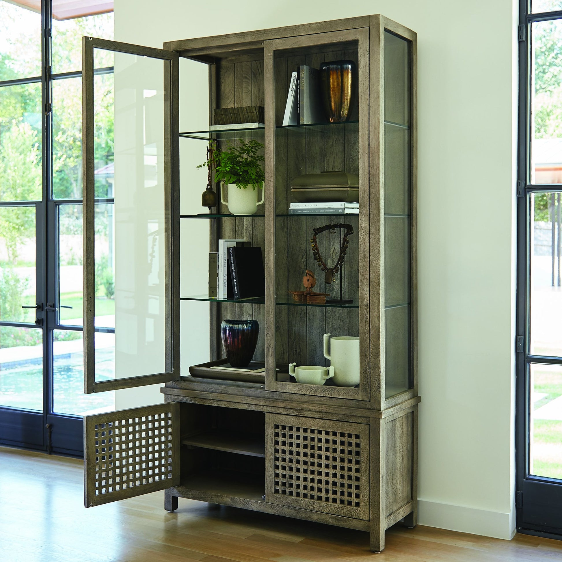 Driftwood Vitrine by Global Views in white sandblasted. Made from mago, tempered glass in a transitional style.