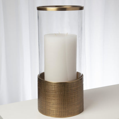 Plaid Etched Glass Hurricane by Global Views in antique brass. Made from brass, glass in a transitional style.