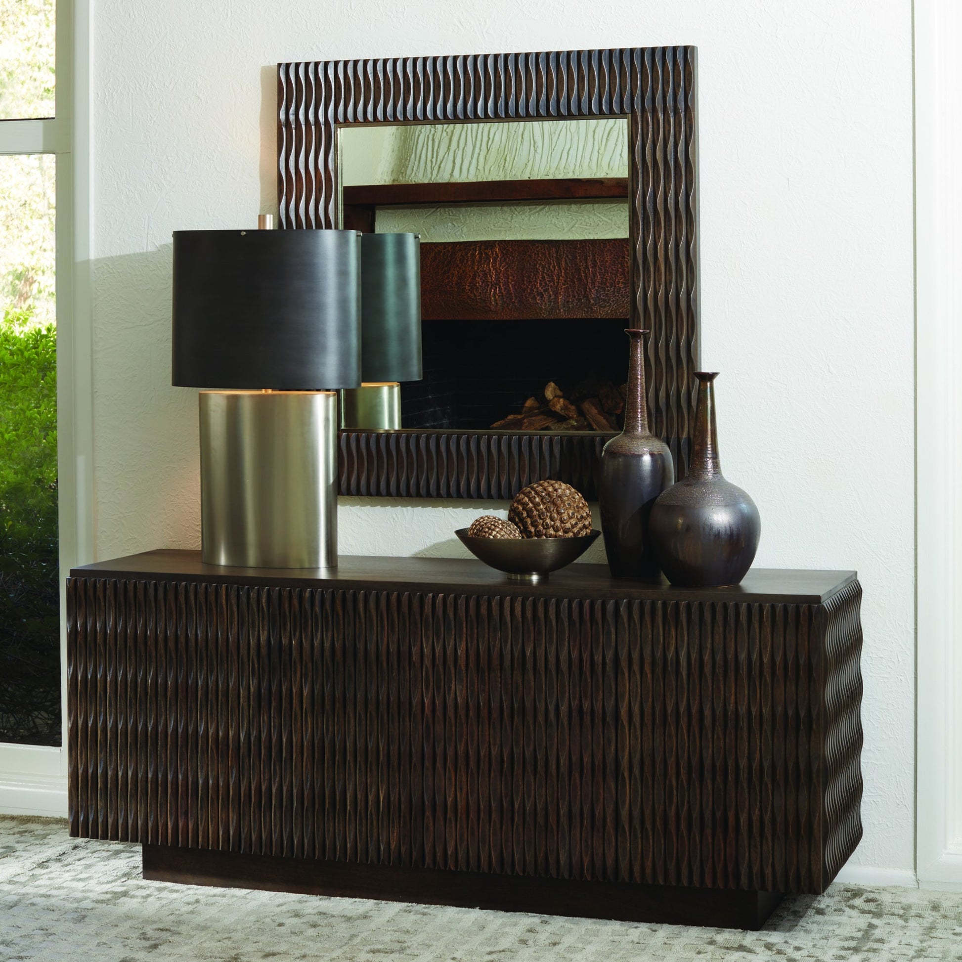 Minuet Buffet by Global Views in walnut, gray, antique nickel. Made from mango in a modern style.