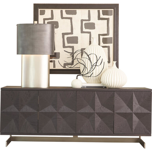 Cantilevered Star Media Cabinet by Global Views in light wire brush black, brushed satin nickel, oak, crown cut. Made from oak, steel in a modern style.