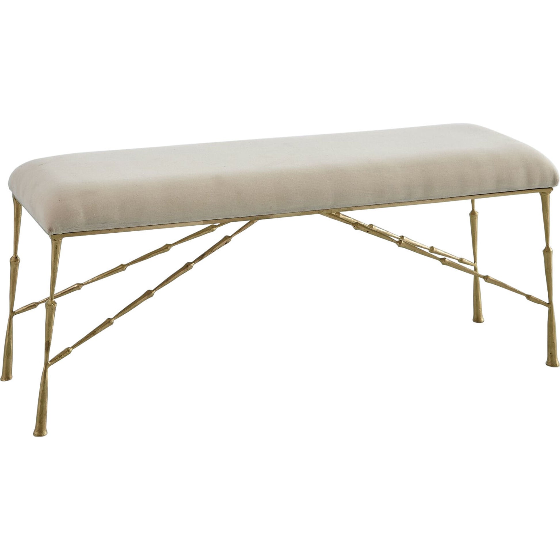 Spike Bench with Muslin Cushion by Global Views in antique brass. Made from iron in a transitional style.