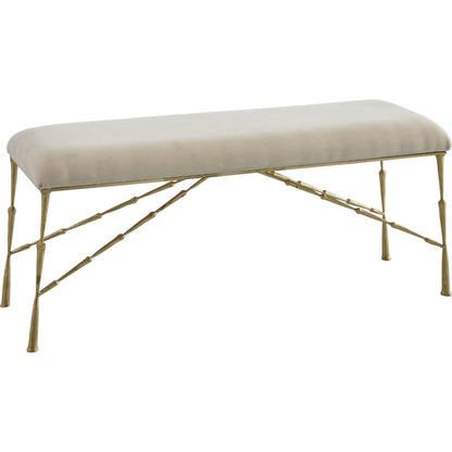 Spike Bench with Muslin Cushion by Global Views in antique brass. Made from iron in a transitional style.