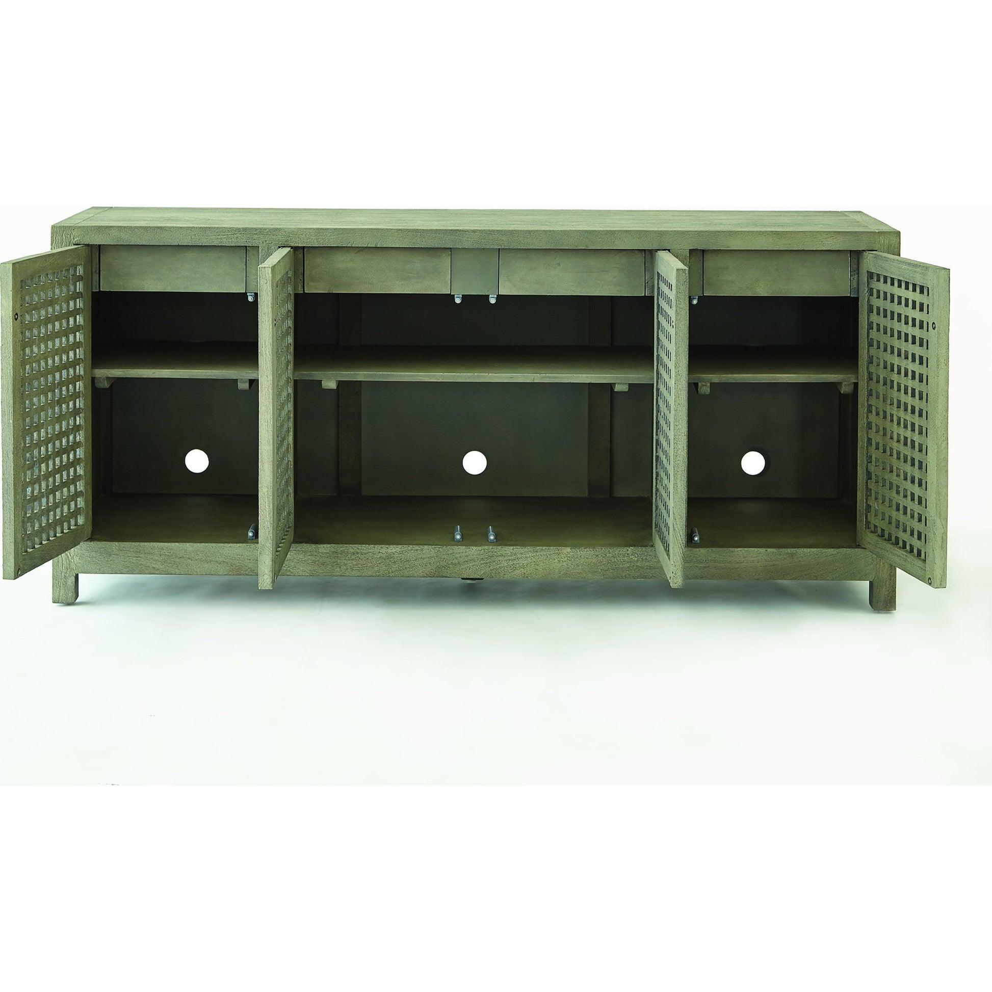 Driftwood Lattice Credenza by Global Views in white washed. Made from mango, mdf in a coastal style.