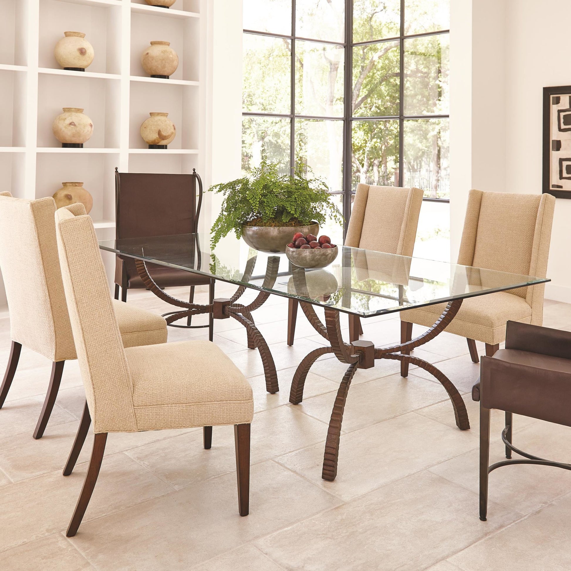 Teton Rectangular Table by Global Views in gold. Made from hand-forged iron, tempered glass in a transitional style.