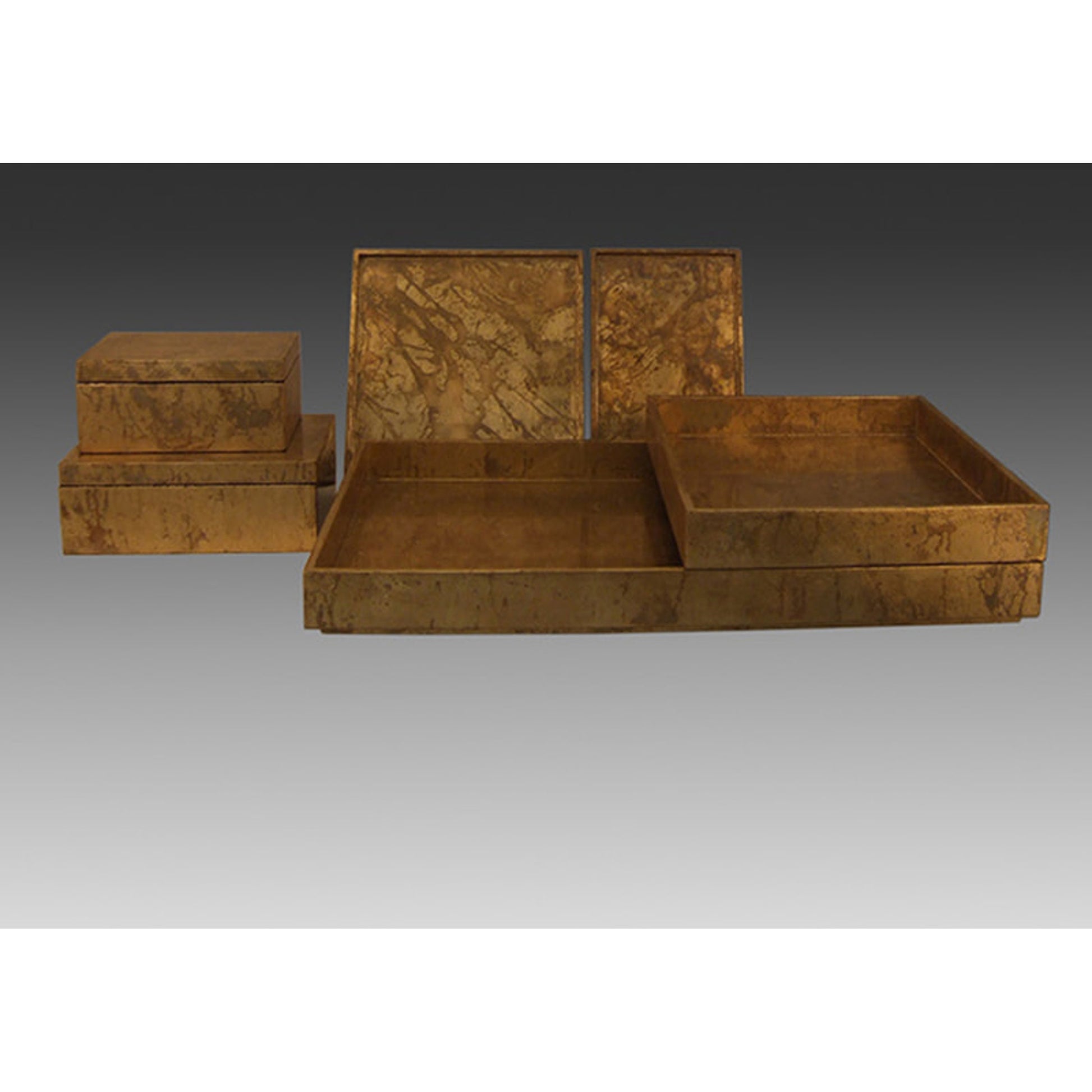 Luxe Leaf Box by Global Views in vietnamese lacquer, gold leaf. Made from mdf in a transitional style.