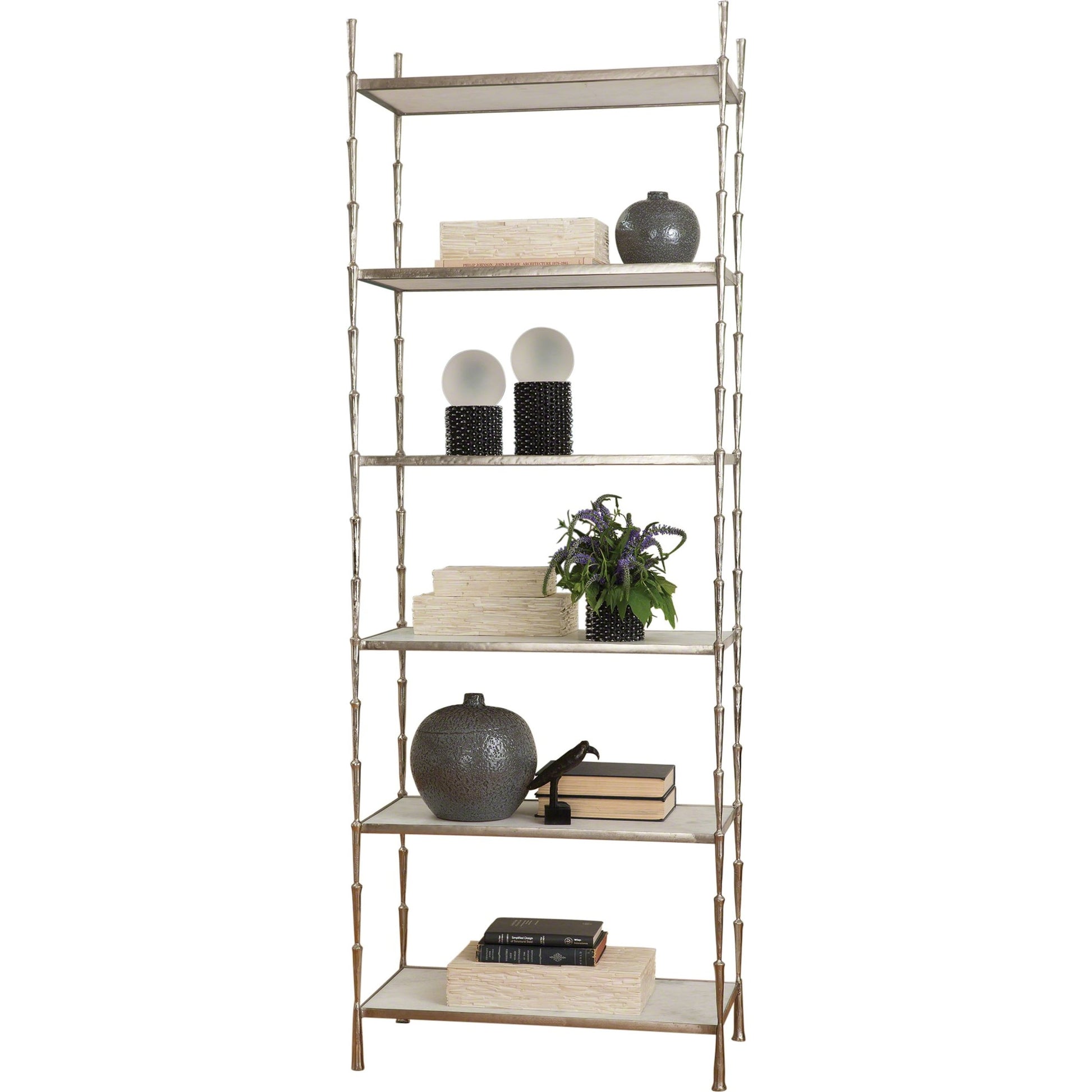 Spike Etagere by Global Views in antique brass. Made from iron, white marble in a transitional style.