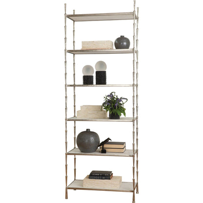 Spike Etagere by Global Views in antique brass. Made from iron, white marble in a transitional style.