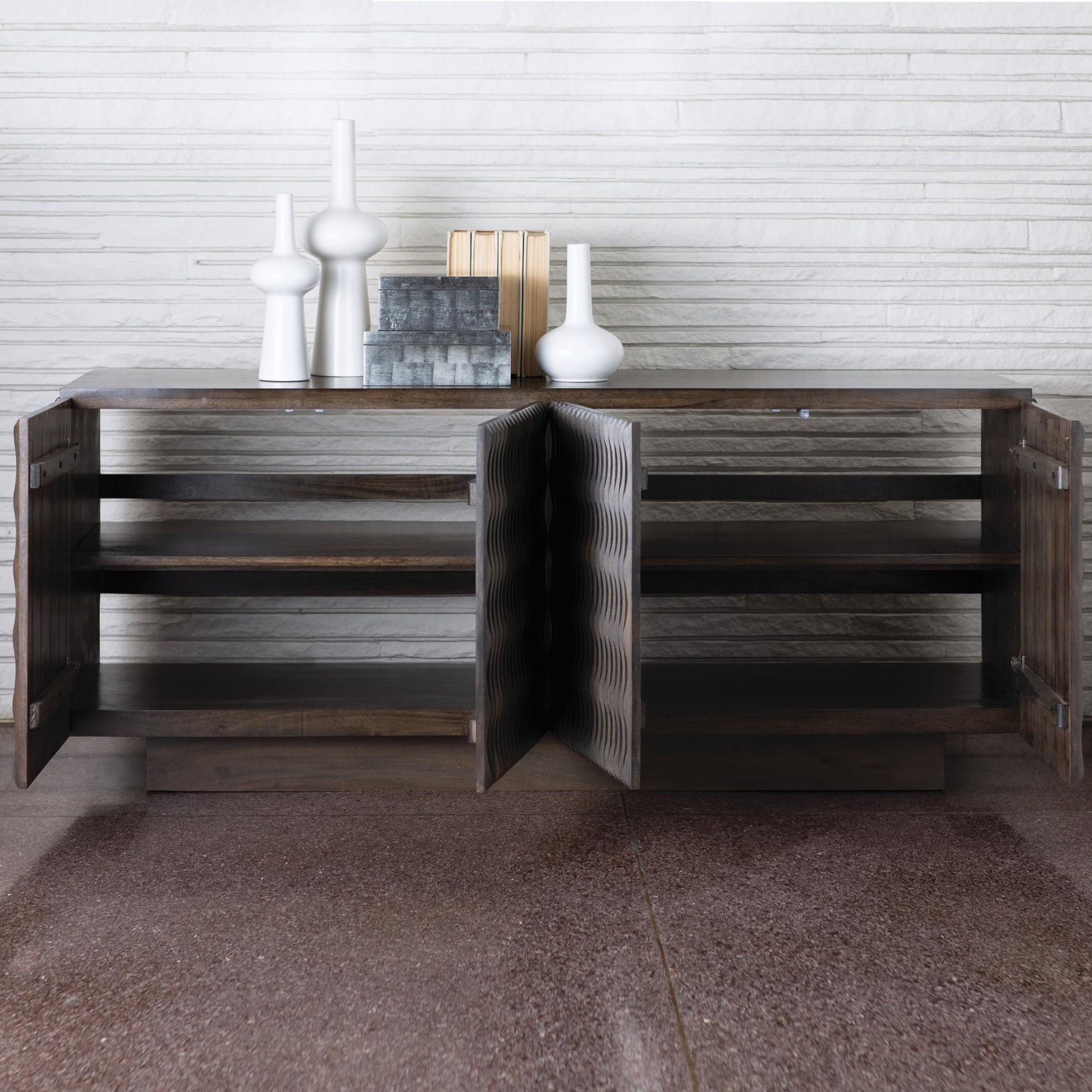 Minuet Buffet by Global Views in walnut, gray, antique nickel. Made from mango in a modern style.