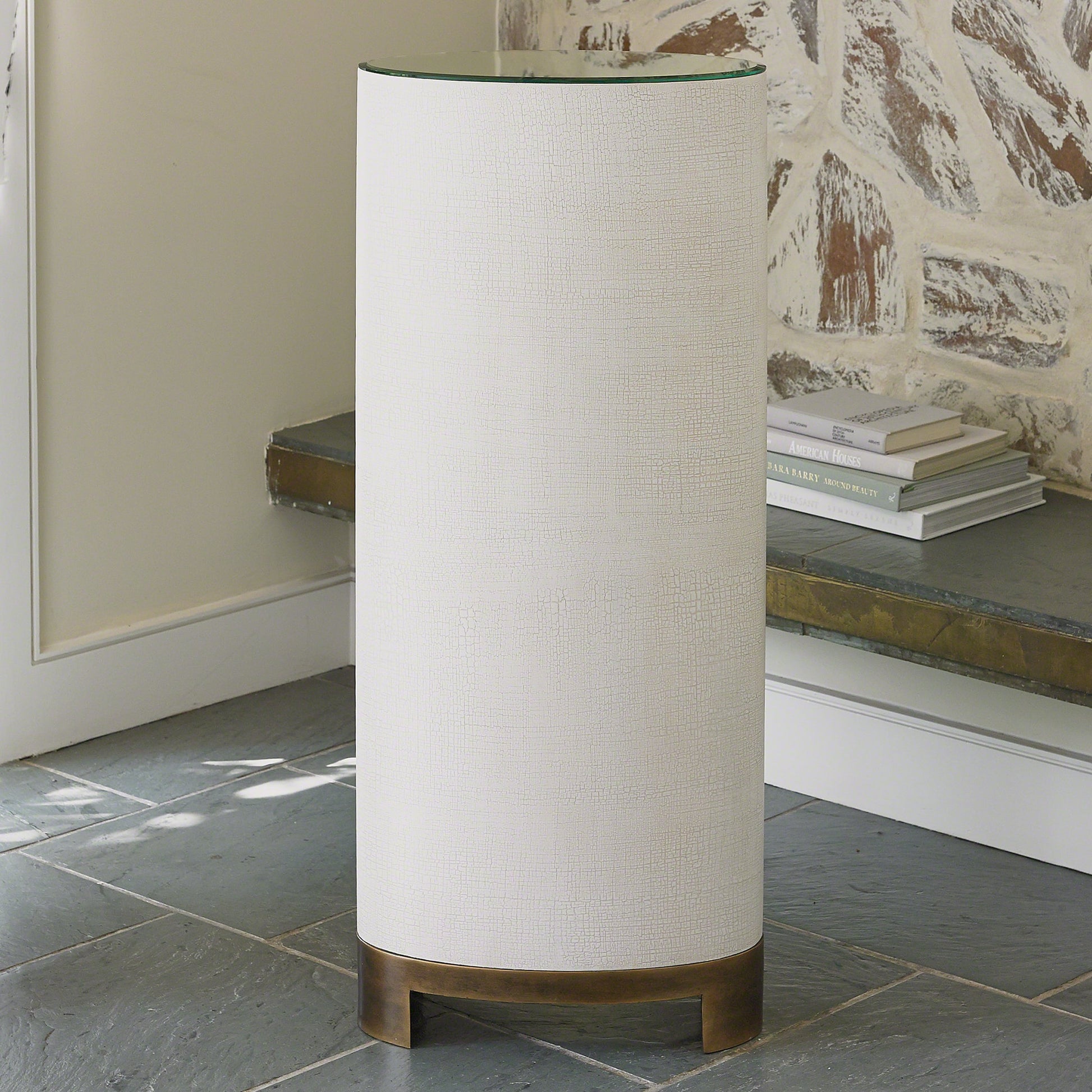 Ellipse Pedestal by Global Views in antique brass, acacia. Made from american white oak, belgian linen, glass, steel in a transitional style.