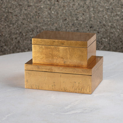 Luxe Leaf Box by Global Views in vietnamese lacquer, gold leaf. Made from mdf in a transitional style.