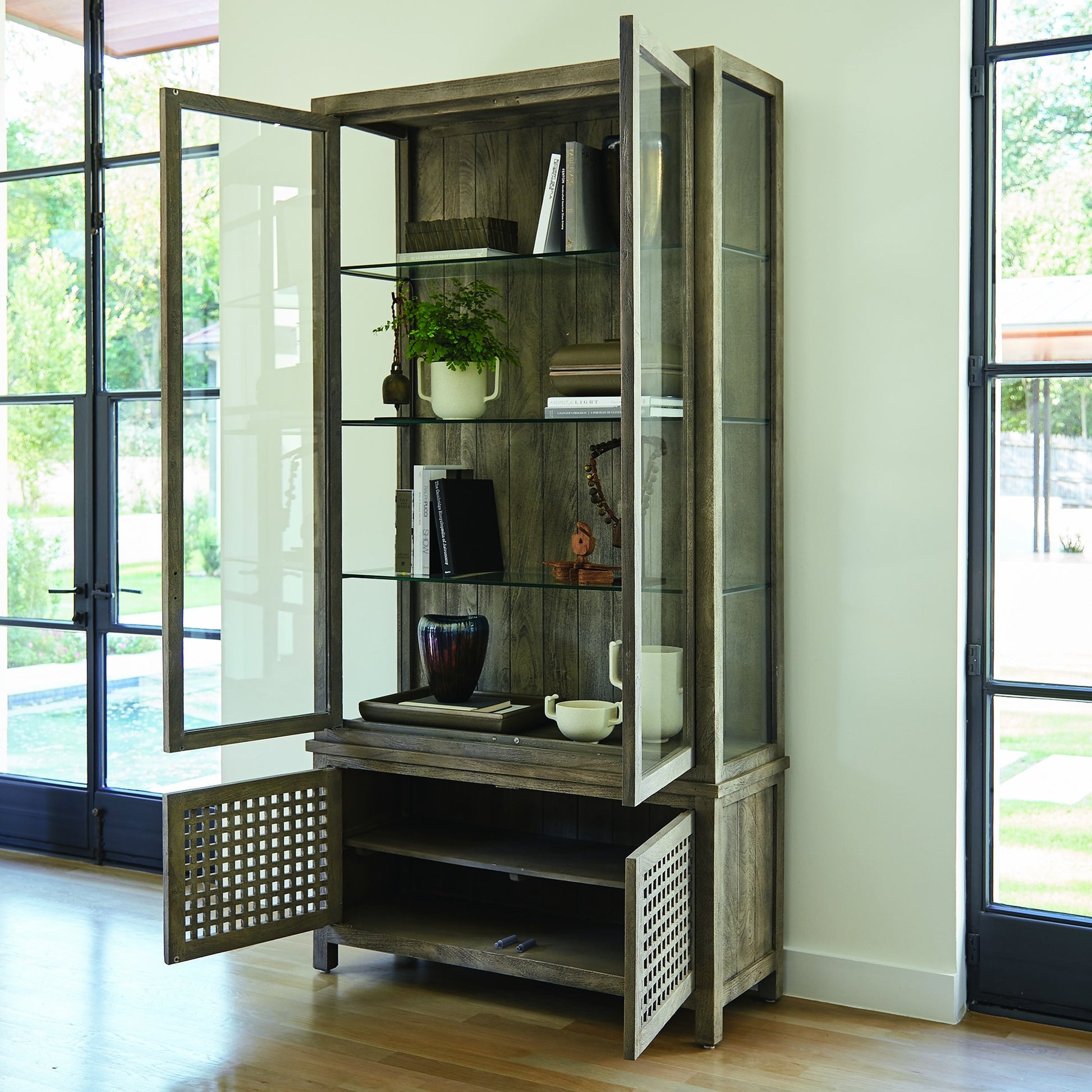 Driftwood Vitrine by Global Views in white sandblasted. Made from mago, tempered glass in a transitional style.