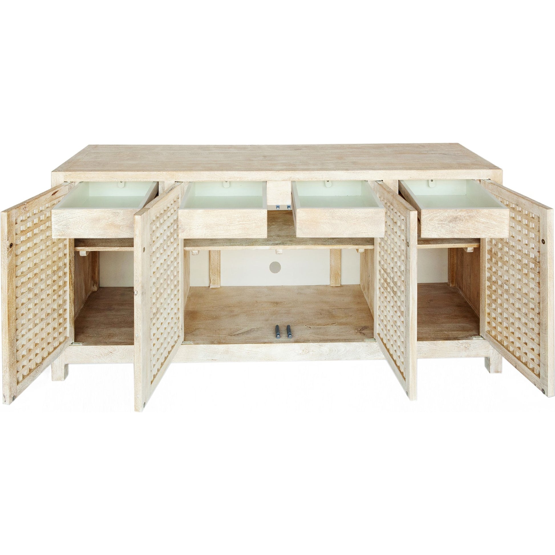 Driftwood Lattice Credenza by Global Views in white washed. Made from mango, mdf in a coastal style.