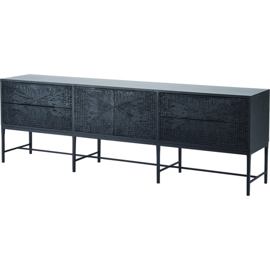 Kyoto Media Cabinet by Global Views in jagged gmelina black, wbi. Made from gmelina, mdf, metal in a modern style.