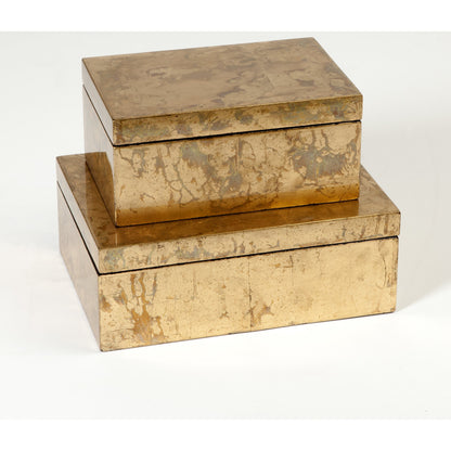 Luxe Leaf Box by Global Views in vietnamese lacquer, gold leaf. Made from mdf in a transitional style.