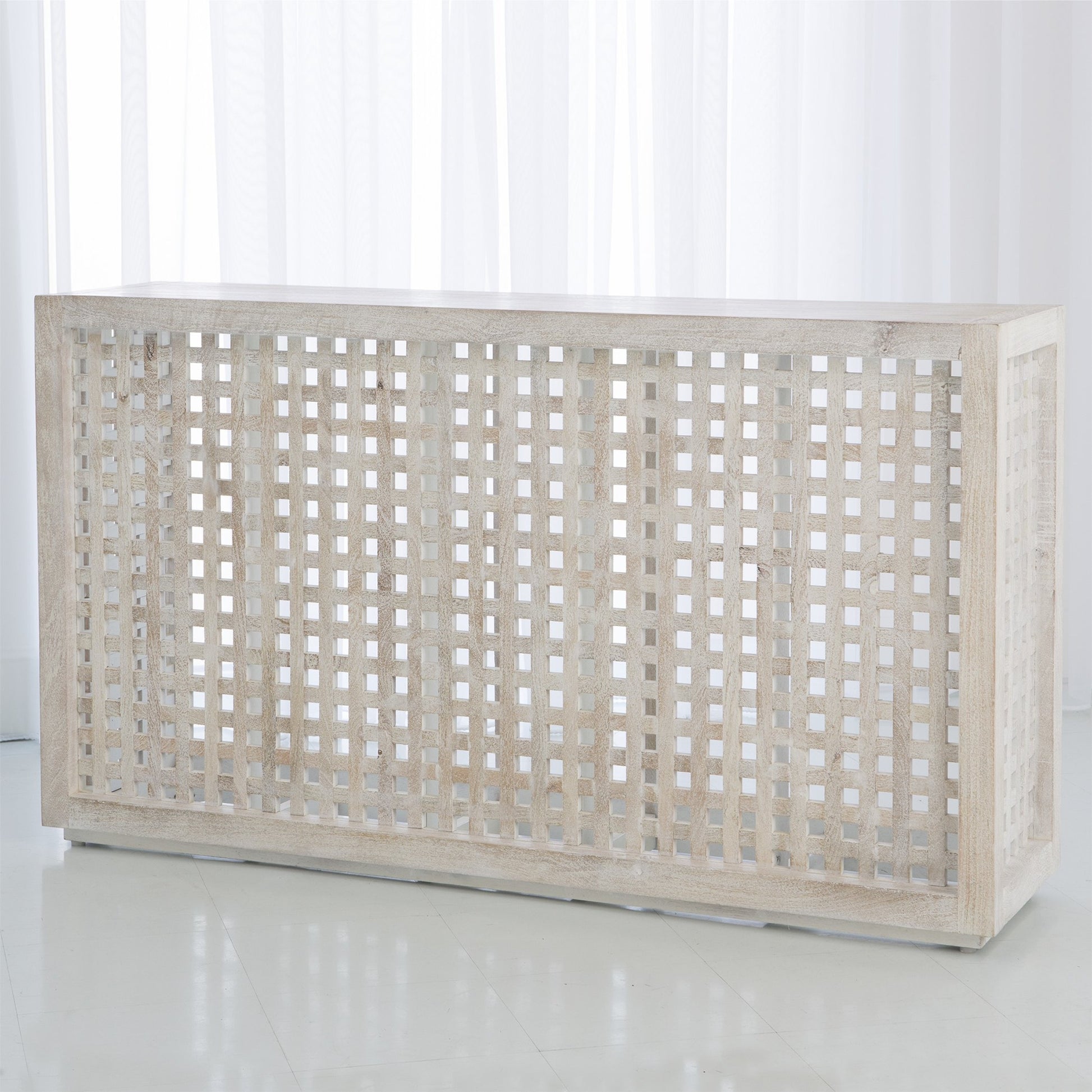 Driftwood Lattice Console by Global Views in white washed. Made from mango in a coastal style.